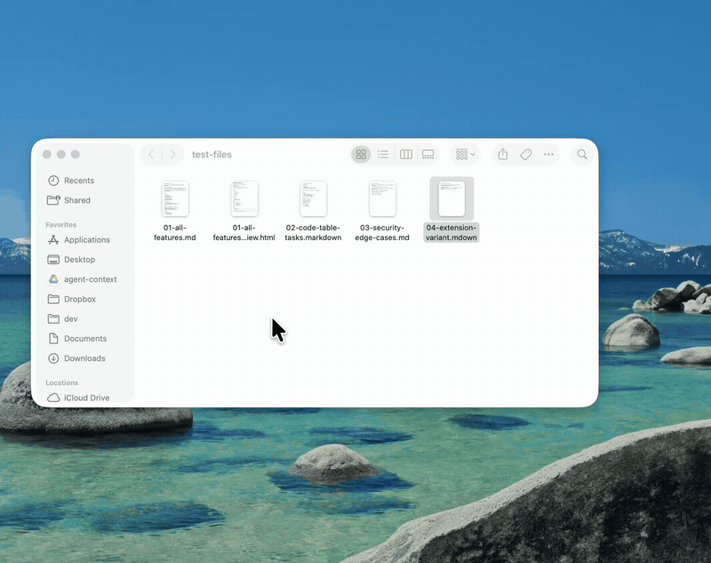 Pressing spacebar on Markdown files in Finder shows rendered Quick Look previews with headings, code blocks, tables and task lists